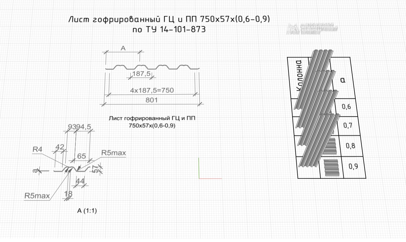 Лист гофрированный ГЦ и ПП 750х57х(0.6-1.2)