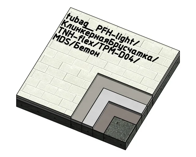 Покрытие клинкерной брусчаткой: PFH-light, клинкерная брусчатка, TNH-flex, TPM-D04, MDS, бетон